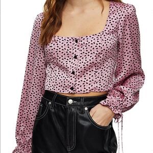 Top Shop Cropped Pink Long Sleeves Hearts Button Down Puff Sleeves NWT 8 Scoop